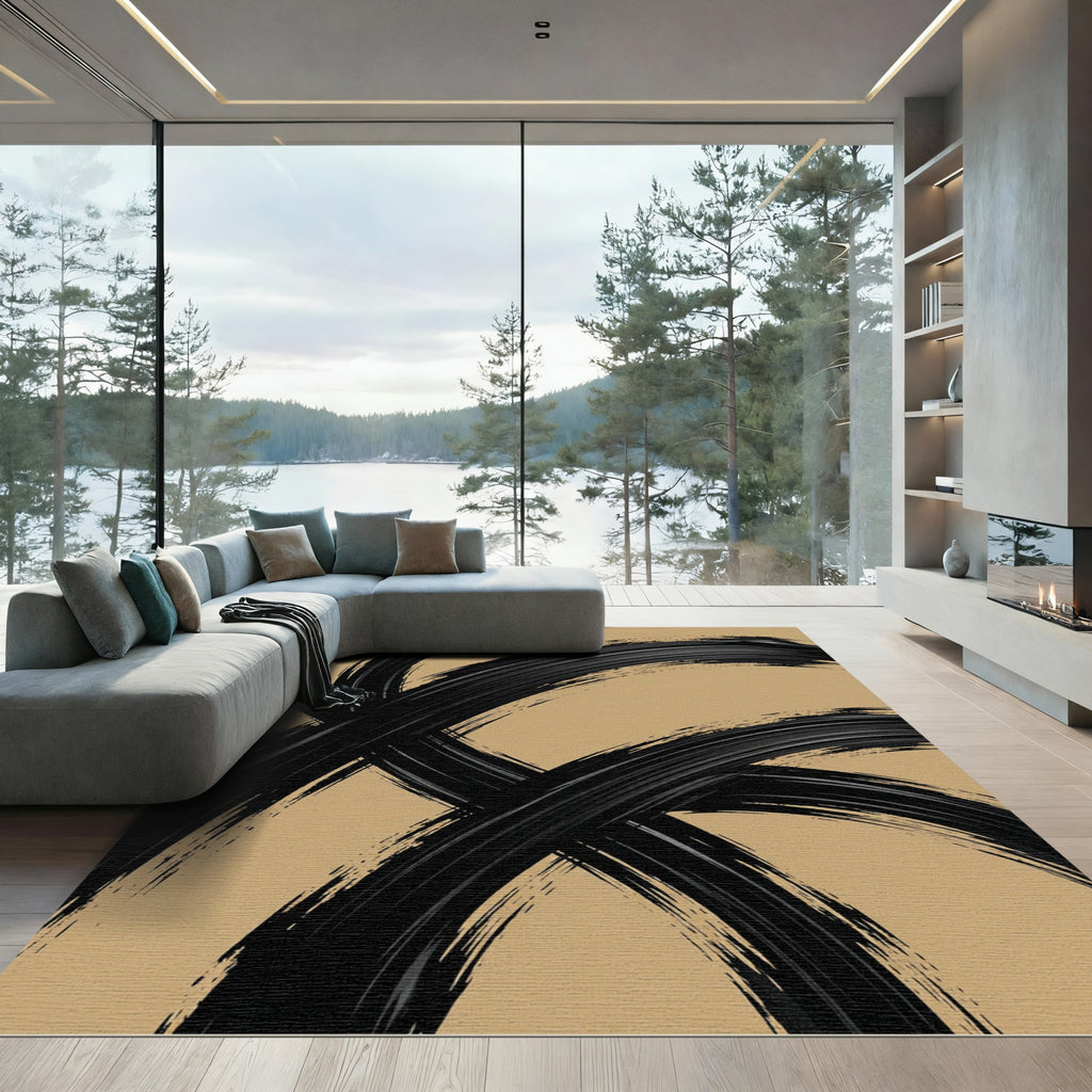 Black Abstract Brushstroke on Tan Rug