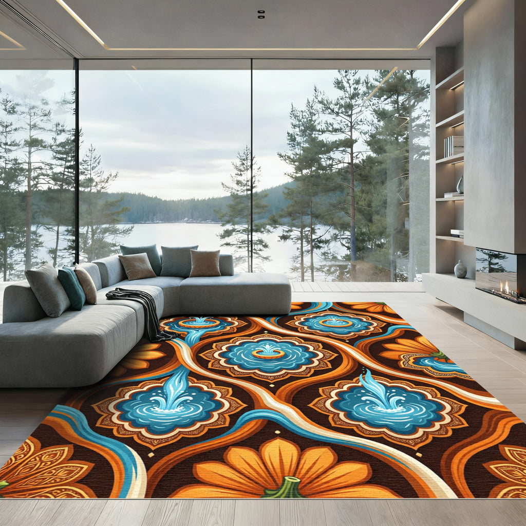 Vibrant Orange Floral Blue Fountain Medallions Rug
