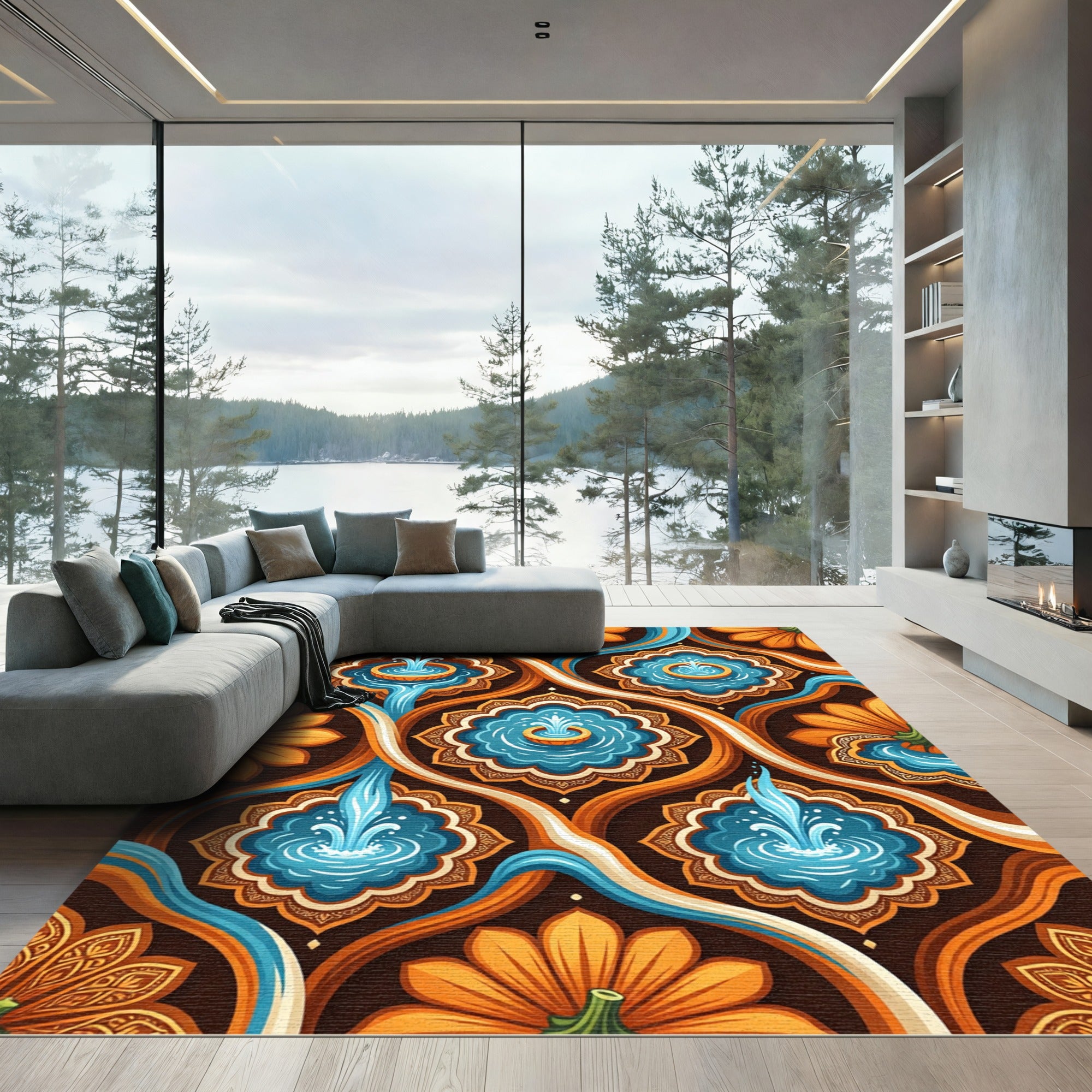 Vibrant Orange Floral Blue Fountain Medallions Rug