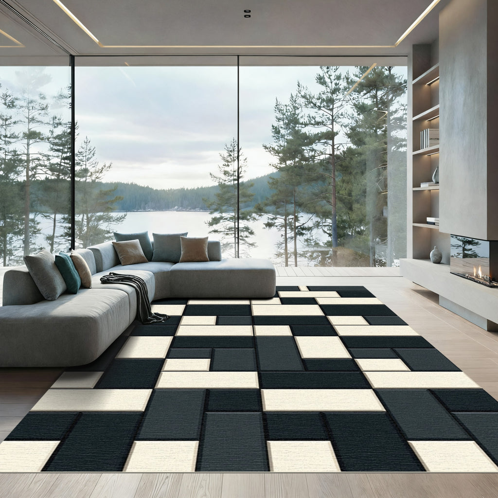 Geometric Cream and Charcoal Blocks Rug