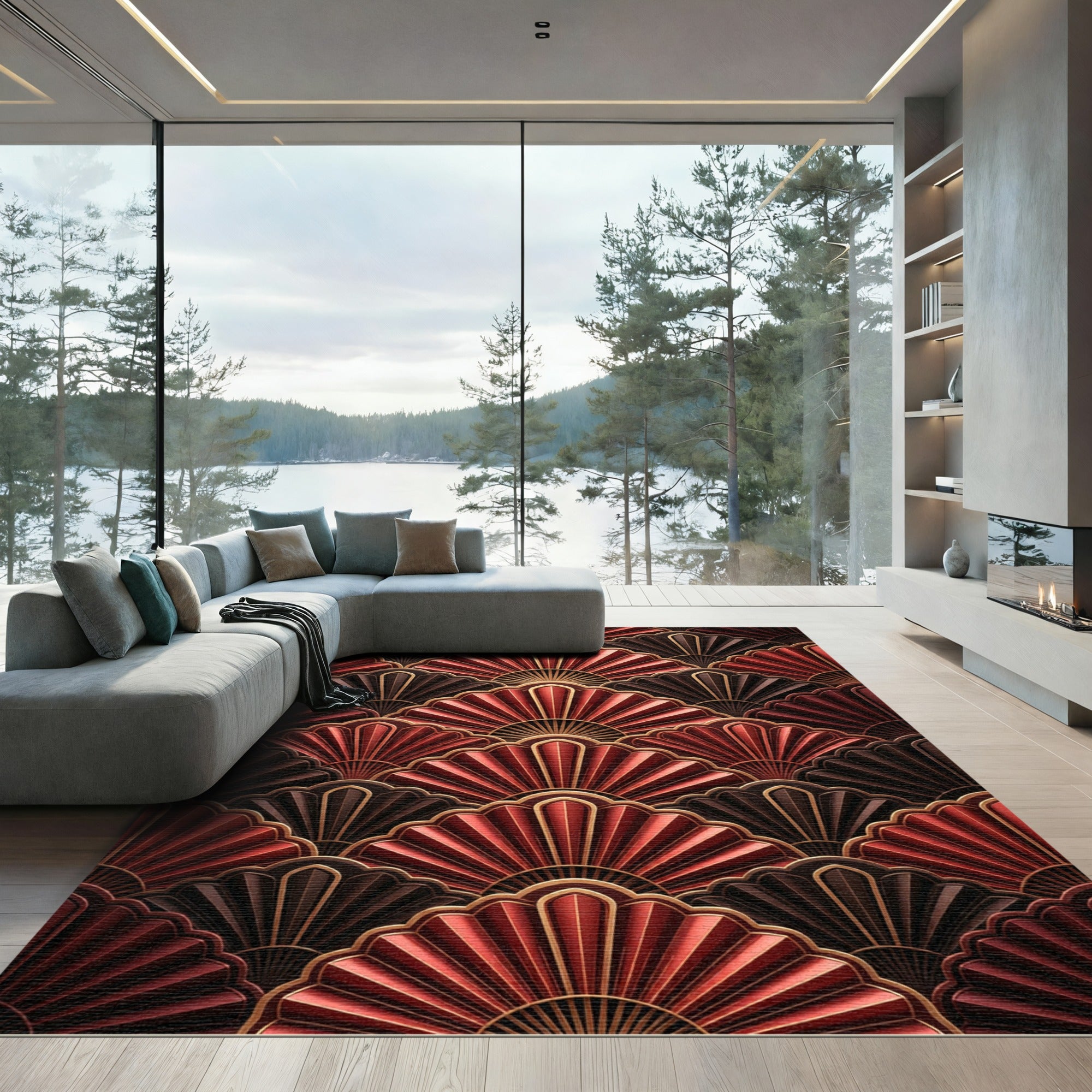 Red Brown Art Deco Fan Rug