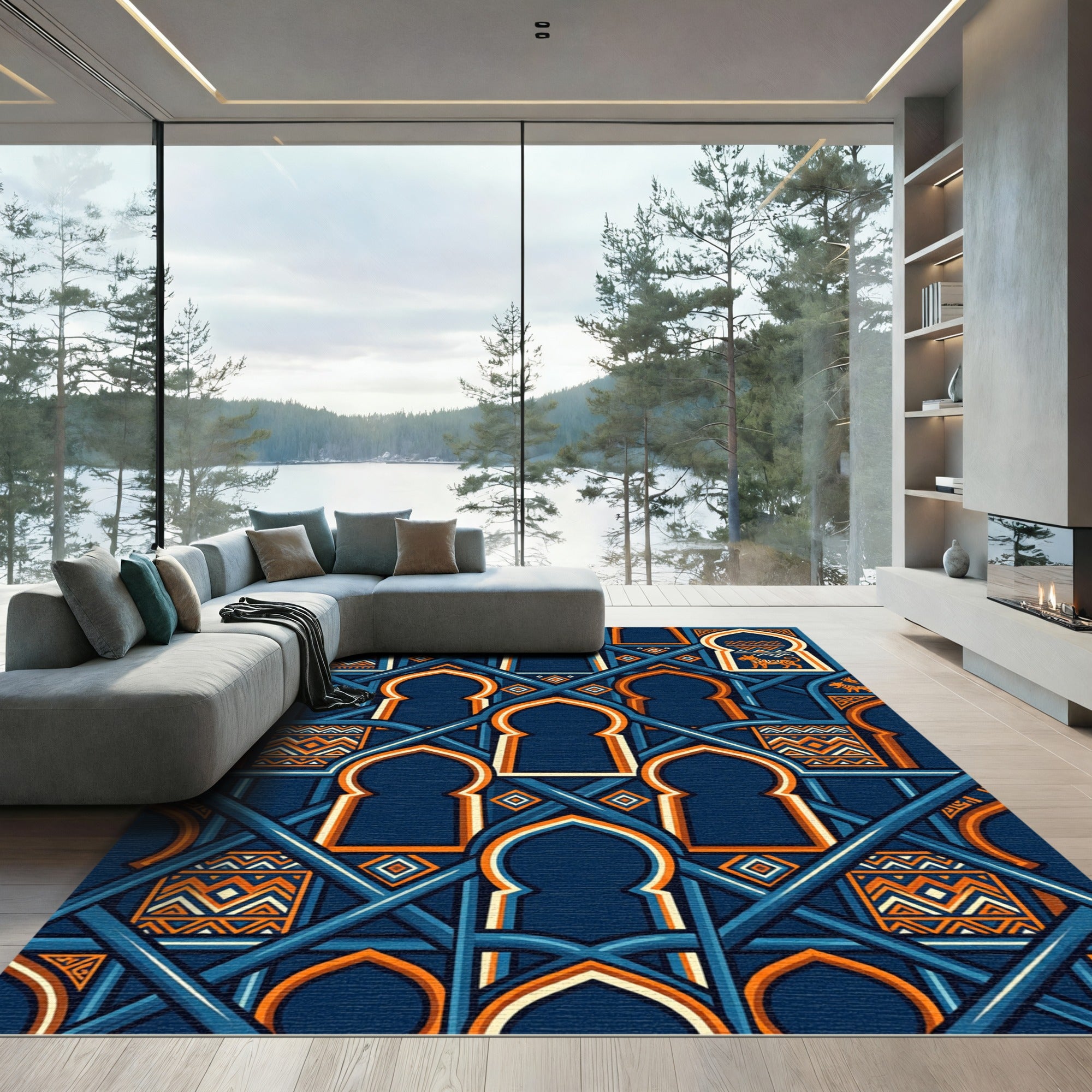 Geometric Navy and Orange Arch Tapestry Rug