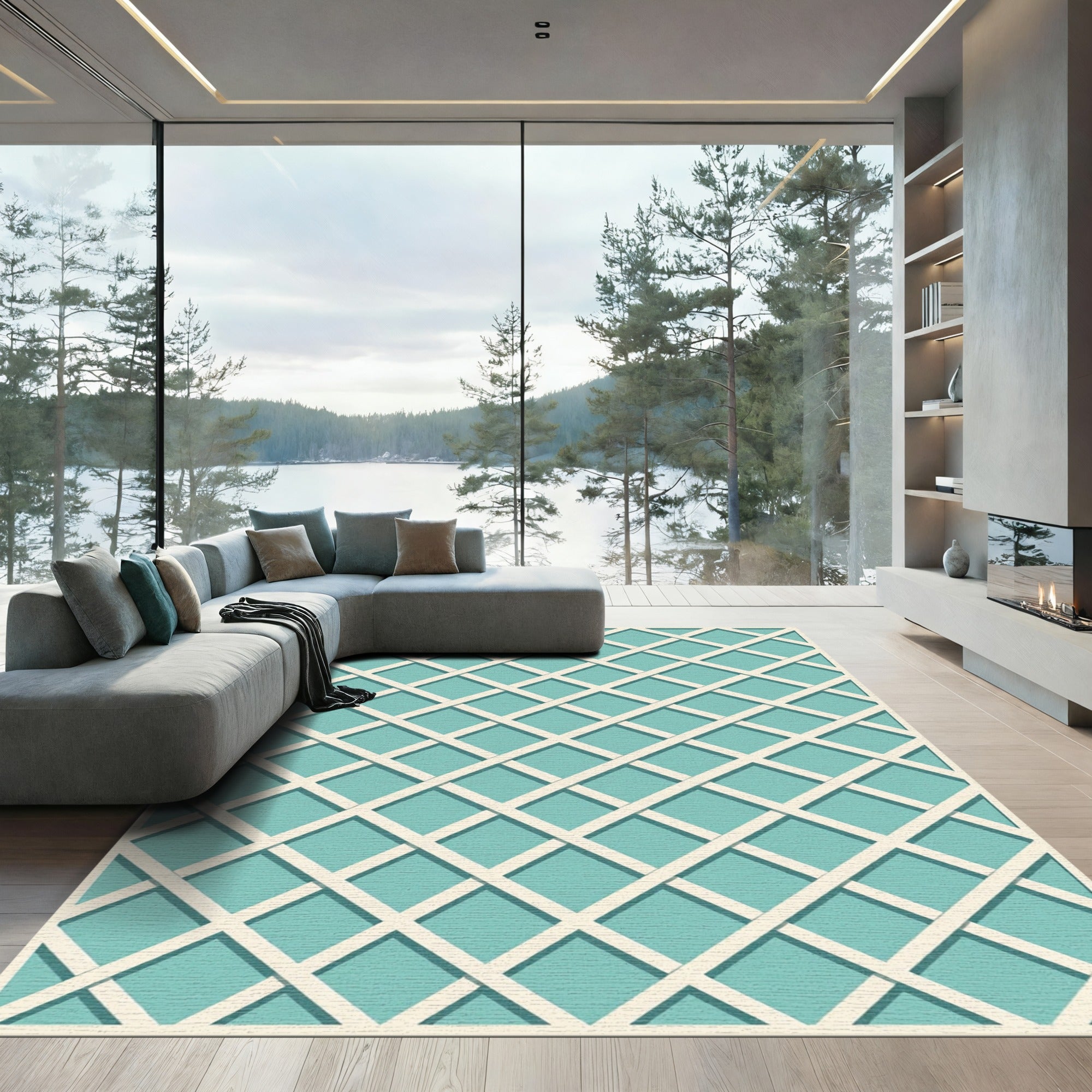 Aqua Blue Intersecting Lattice Grid Rug