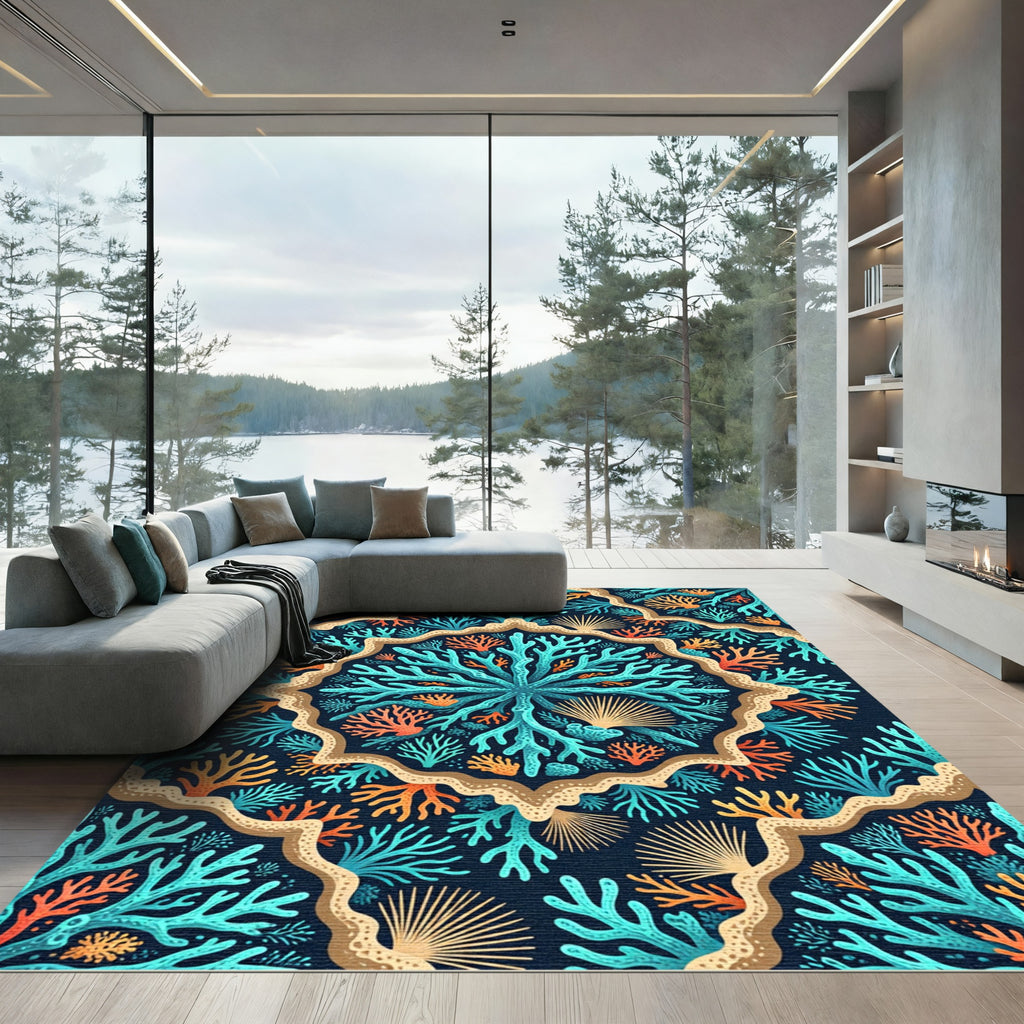Blue Orange Coral Sea Mandala Rug