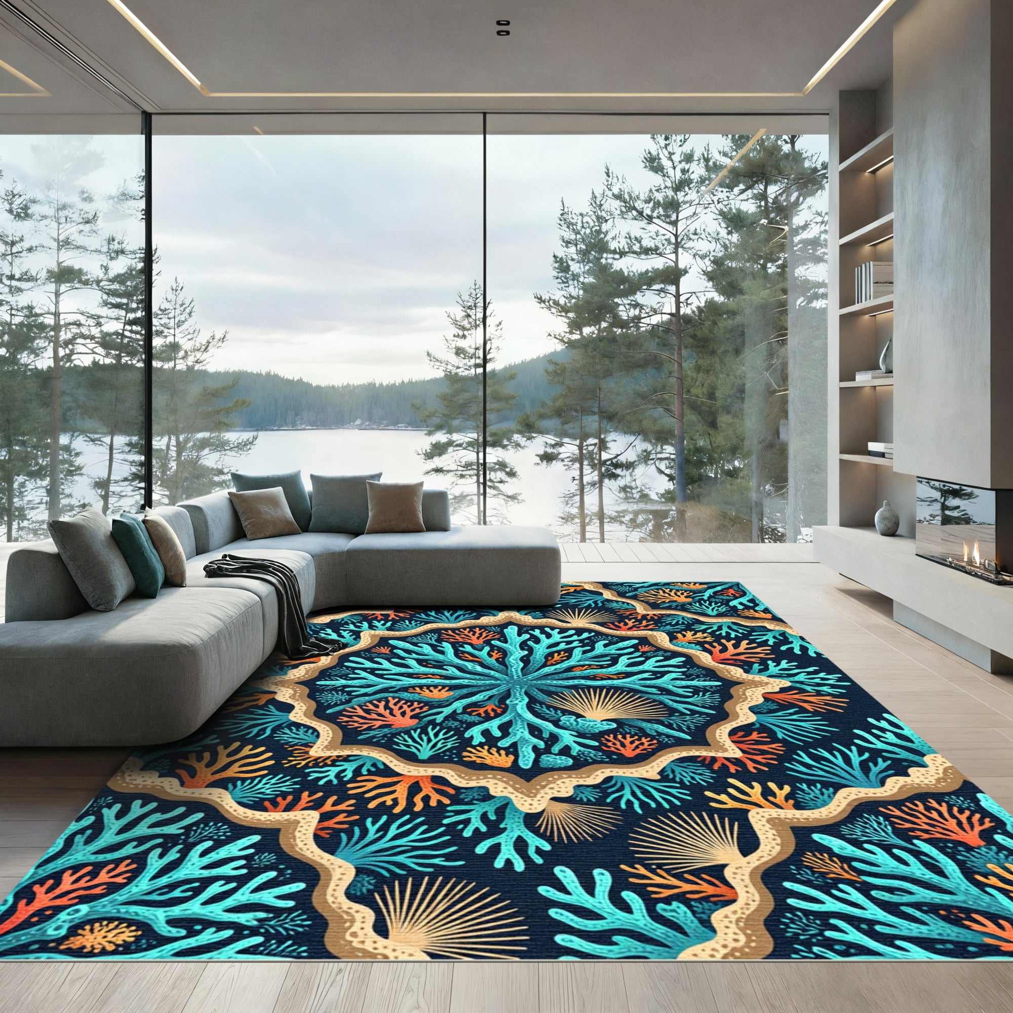 Blue Orange Coral Sea Mandala Rug
