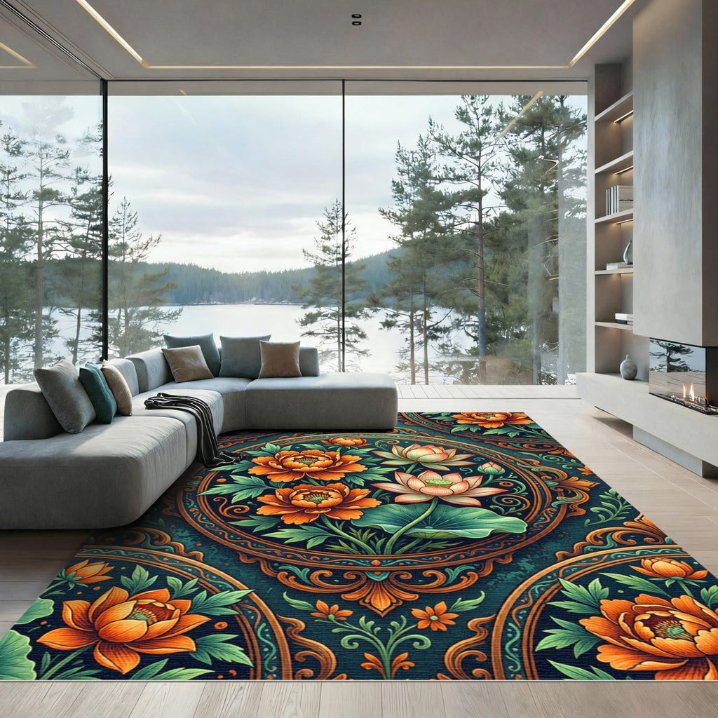 Orange Peony Lotus Medallion Floral Rug