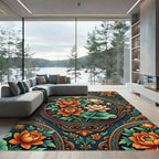 Orange Peony Lotus Medallion Floral Rug