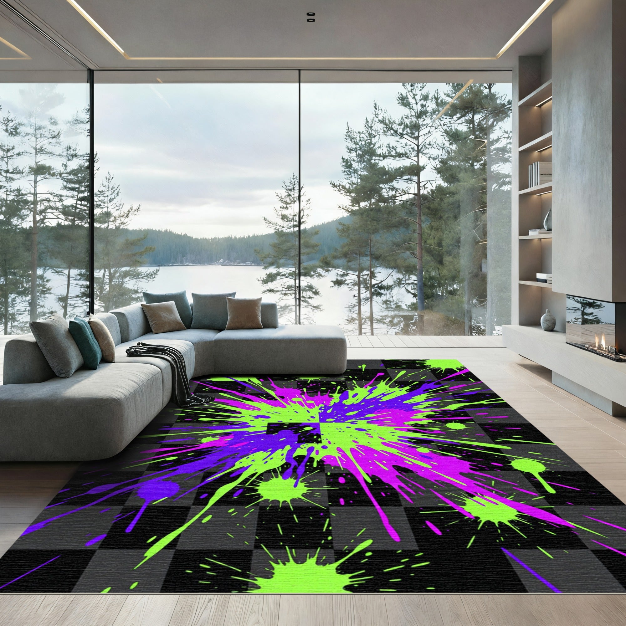 Neon Lime and Purple Abstract Splatter Rug