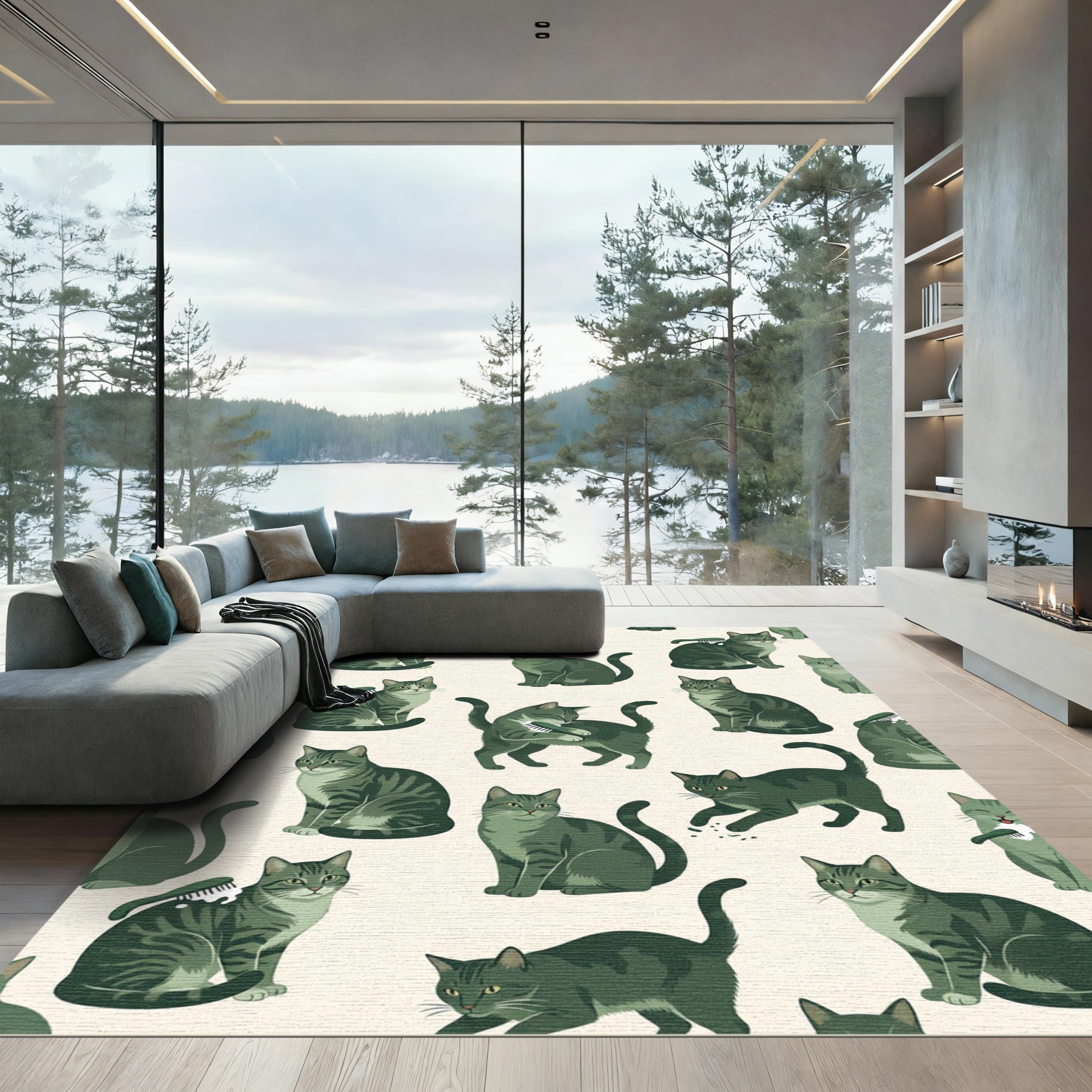Whimsical Olive Tabby Cat Illustration Rug