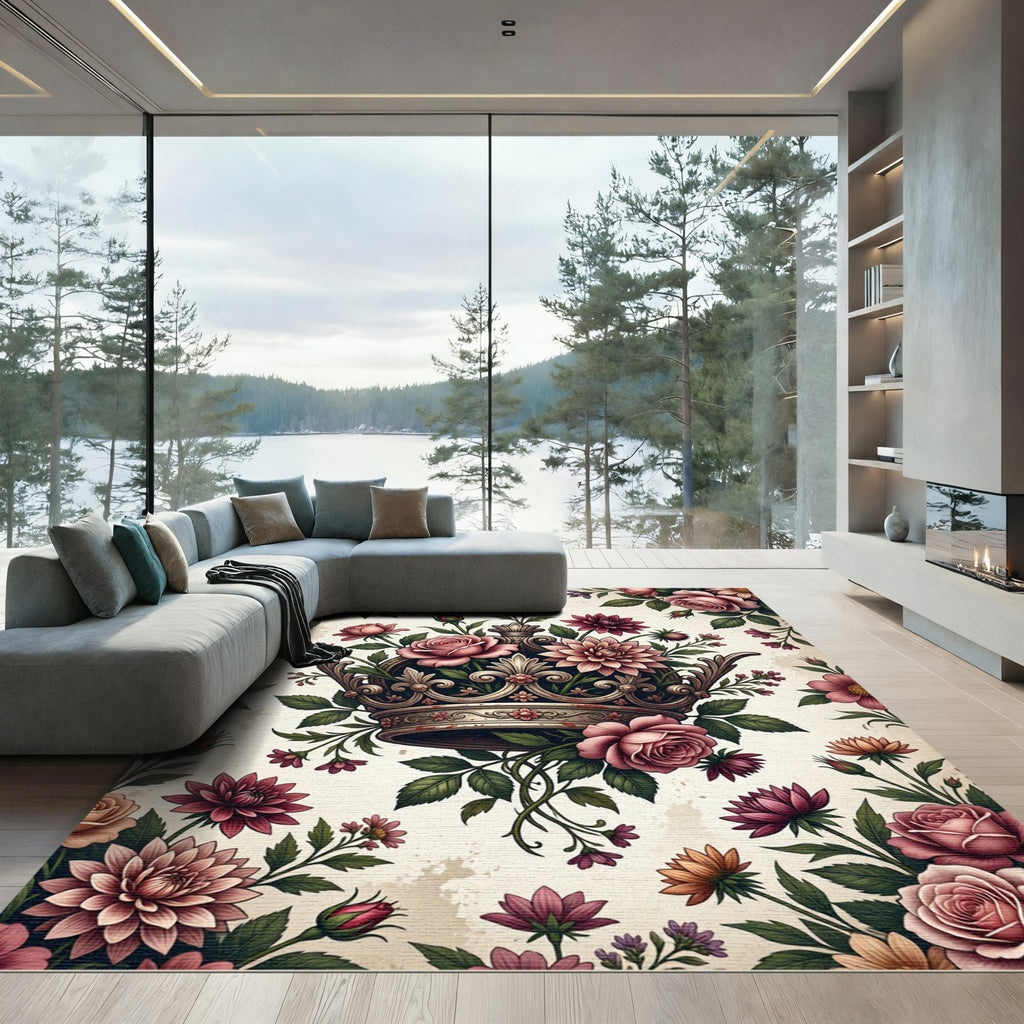 Vintage Rose and Crown Floral Illustration Rug
