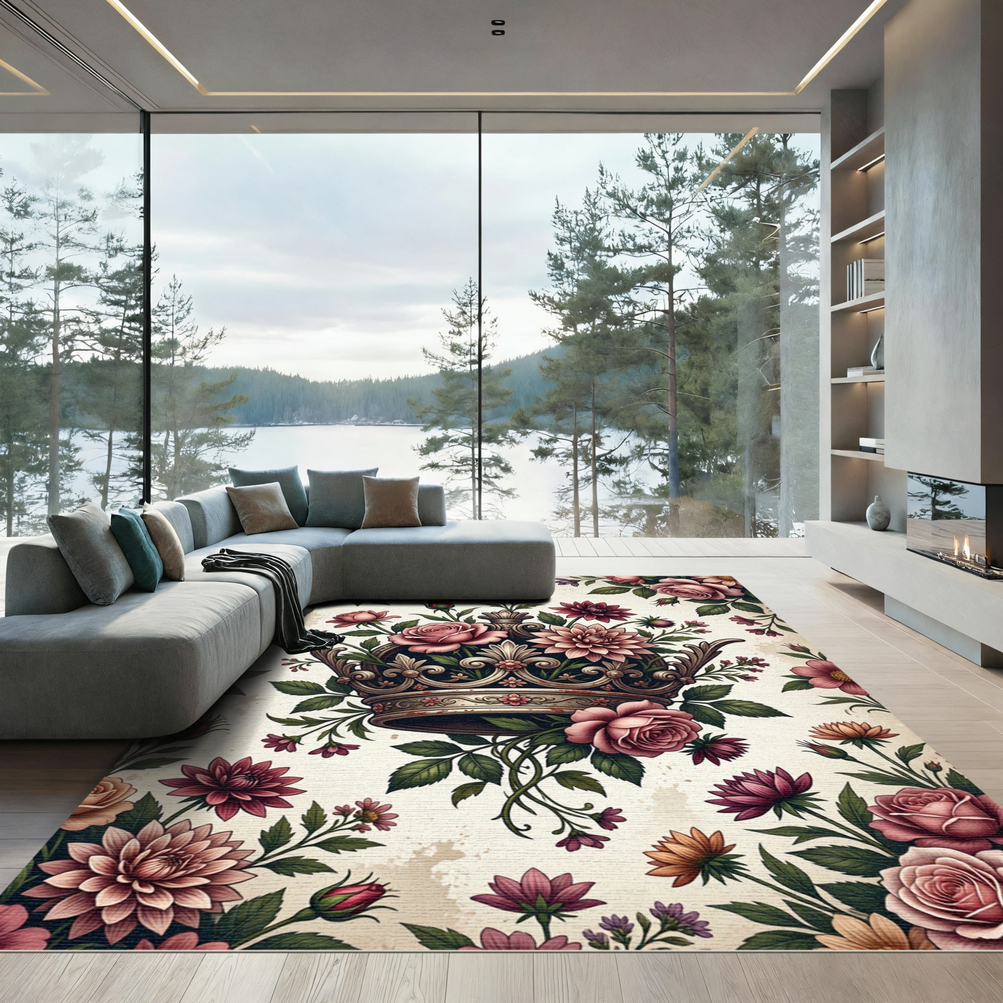 Vintage Rose and Crown Floral Illustration Rug