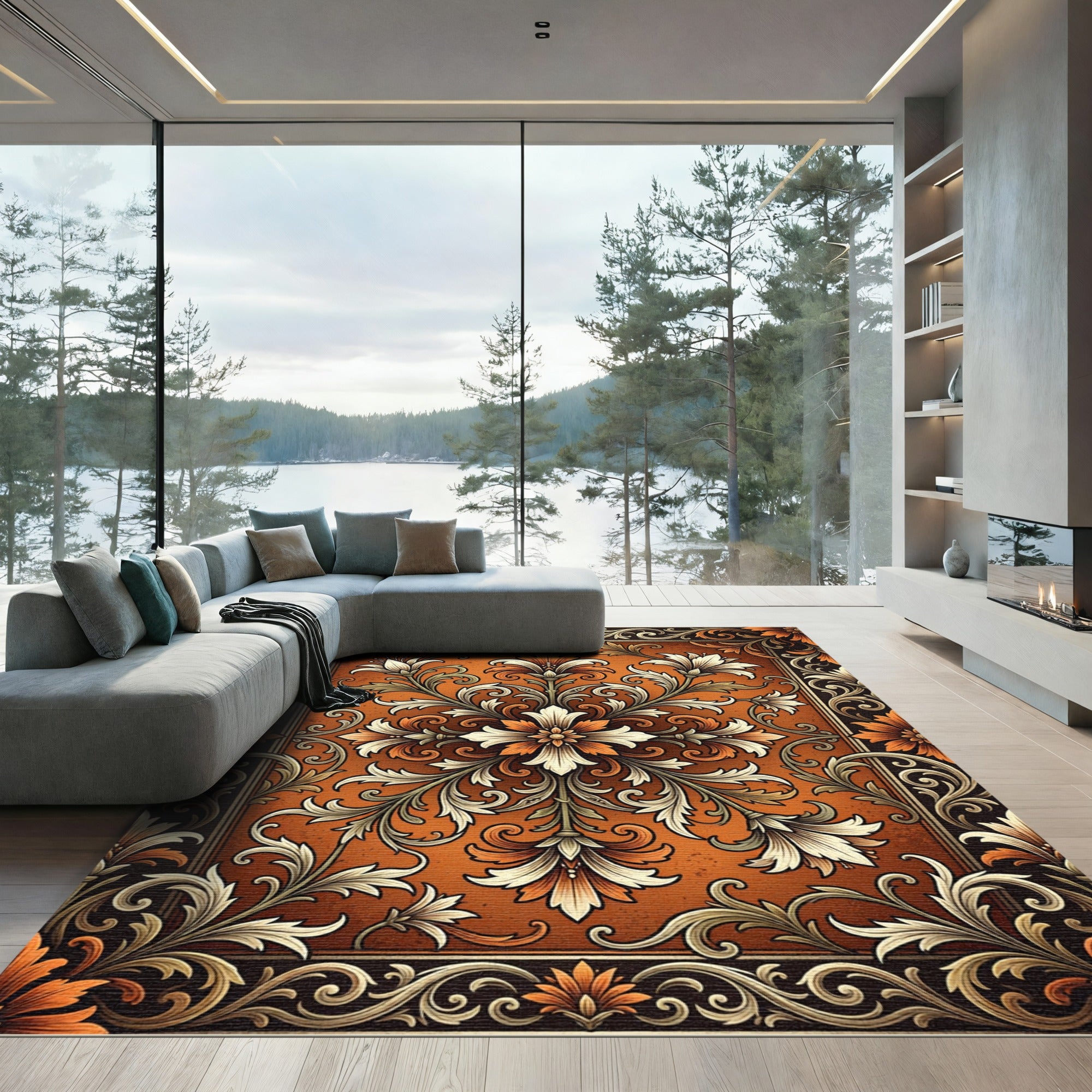 Ornate Burnt Orange Floral Scroll Tapestry Rug