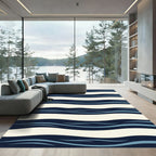 Modern Navy and Cream Wavy Stripe Rug