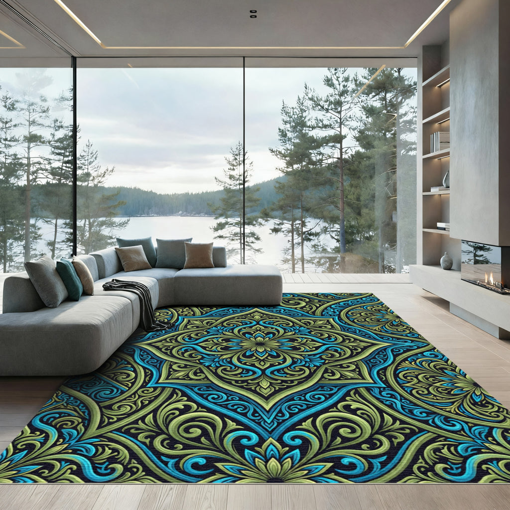 Teal and Sage Swirling Damask Medallion Rug