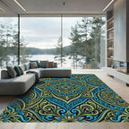 Teal and Sage Swirling Damask Medallion Rug