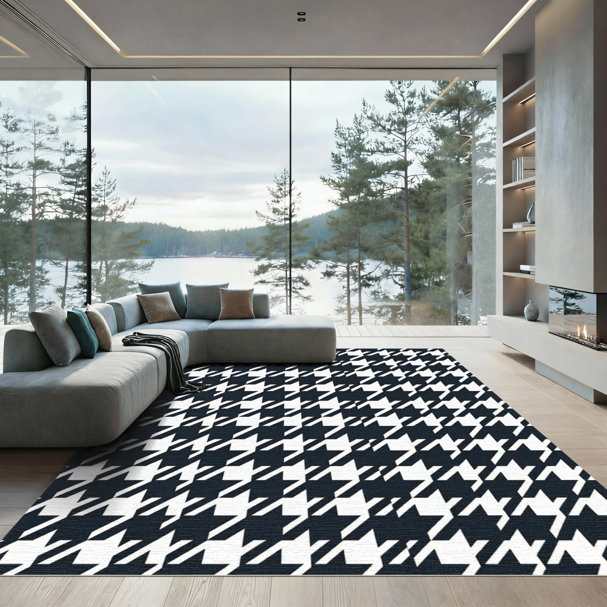 Classic Houndstooth Black White Geometric Rug