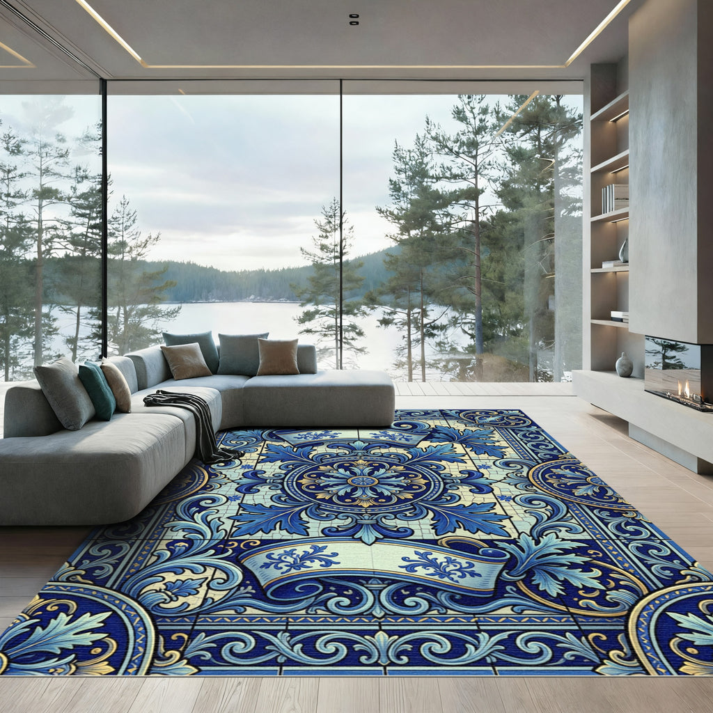Blue Gold Acanthus Leaf Medallion Rug