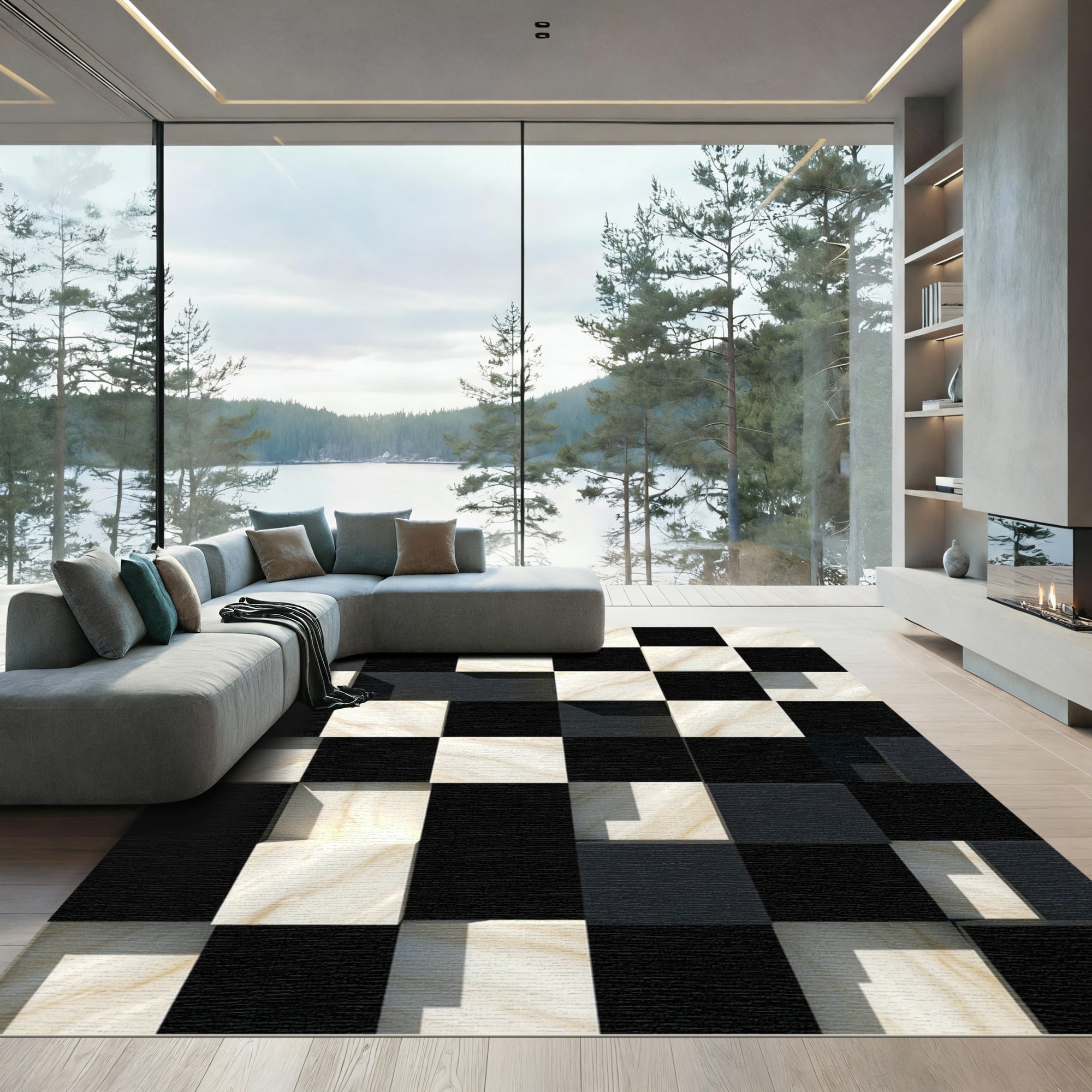 Modern Monochrome Checkerboard Marble Tile Rug