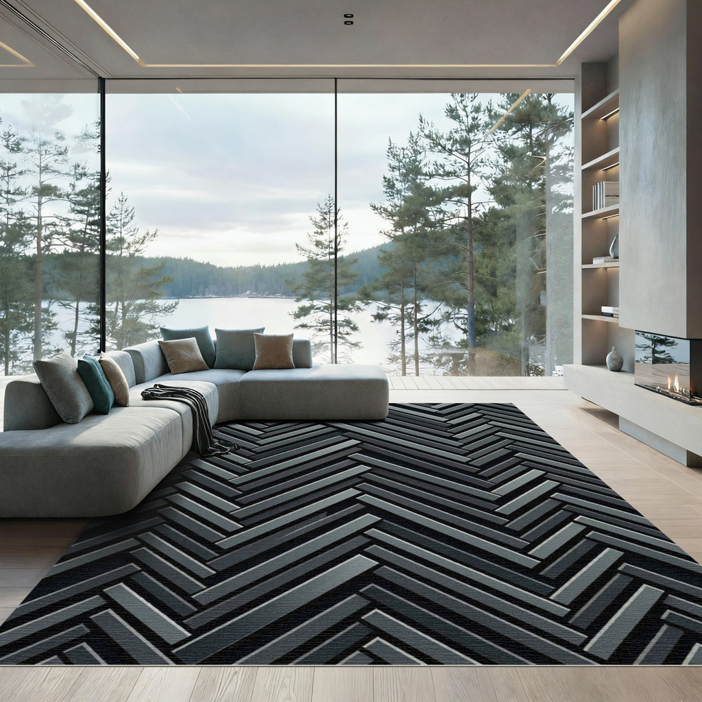 Sophisticated Charcoal Herringbone Geometric Rug
