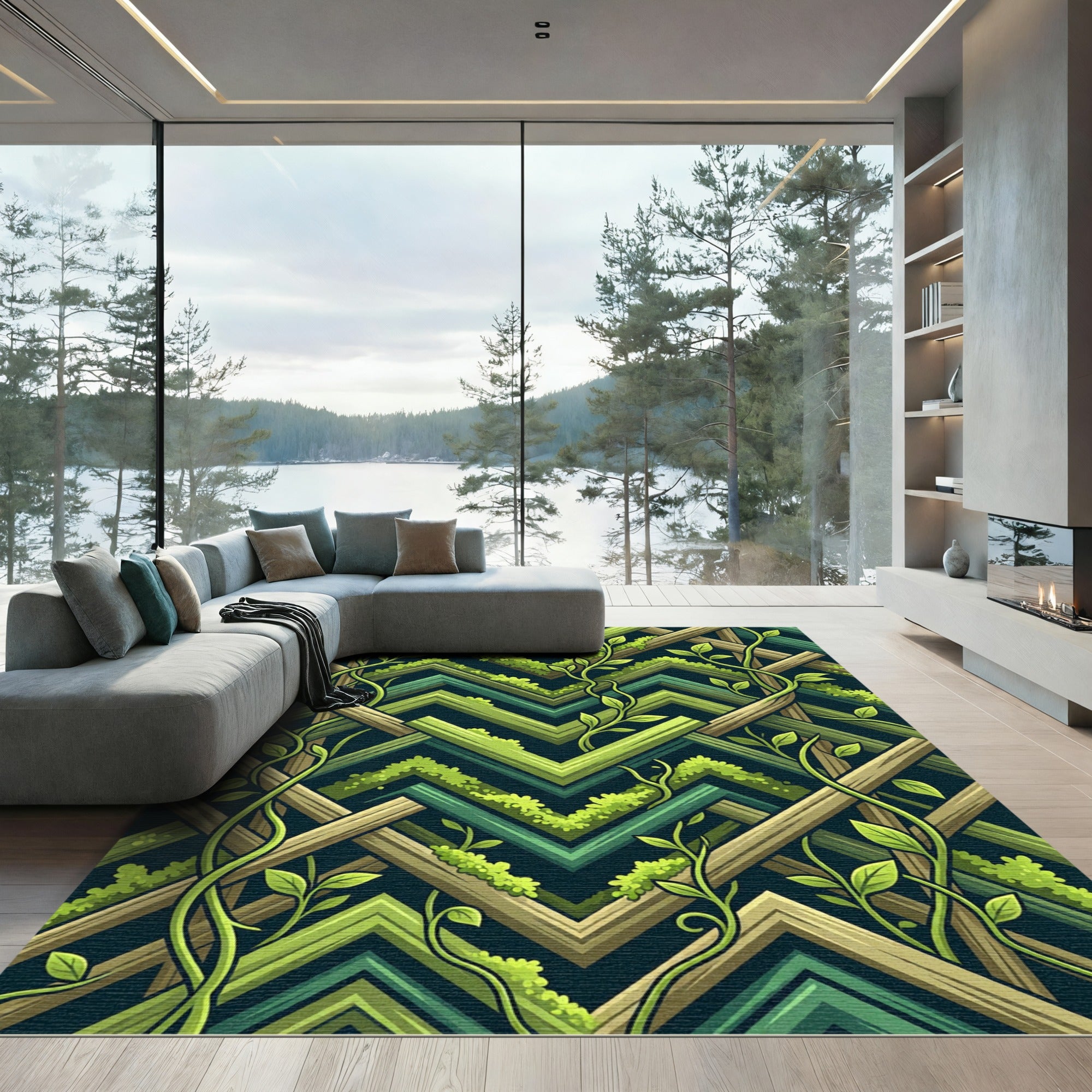 Mossy Green Geometric Trellis Vine Rug