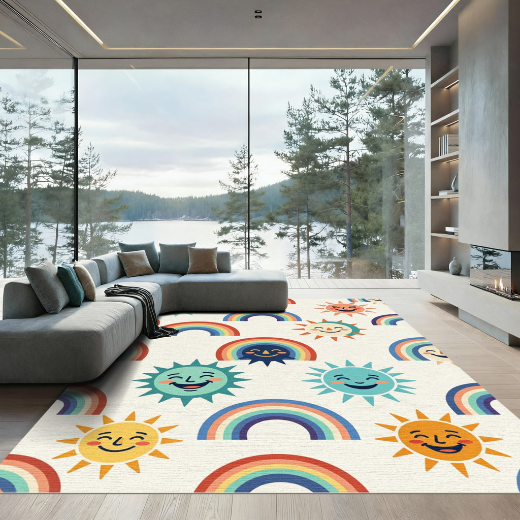 Whimsical Retro Sun Rainbow Nursery Illustration Rug