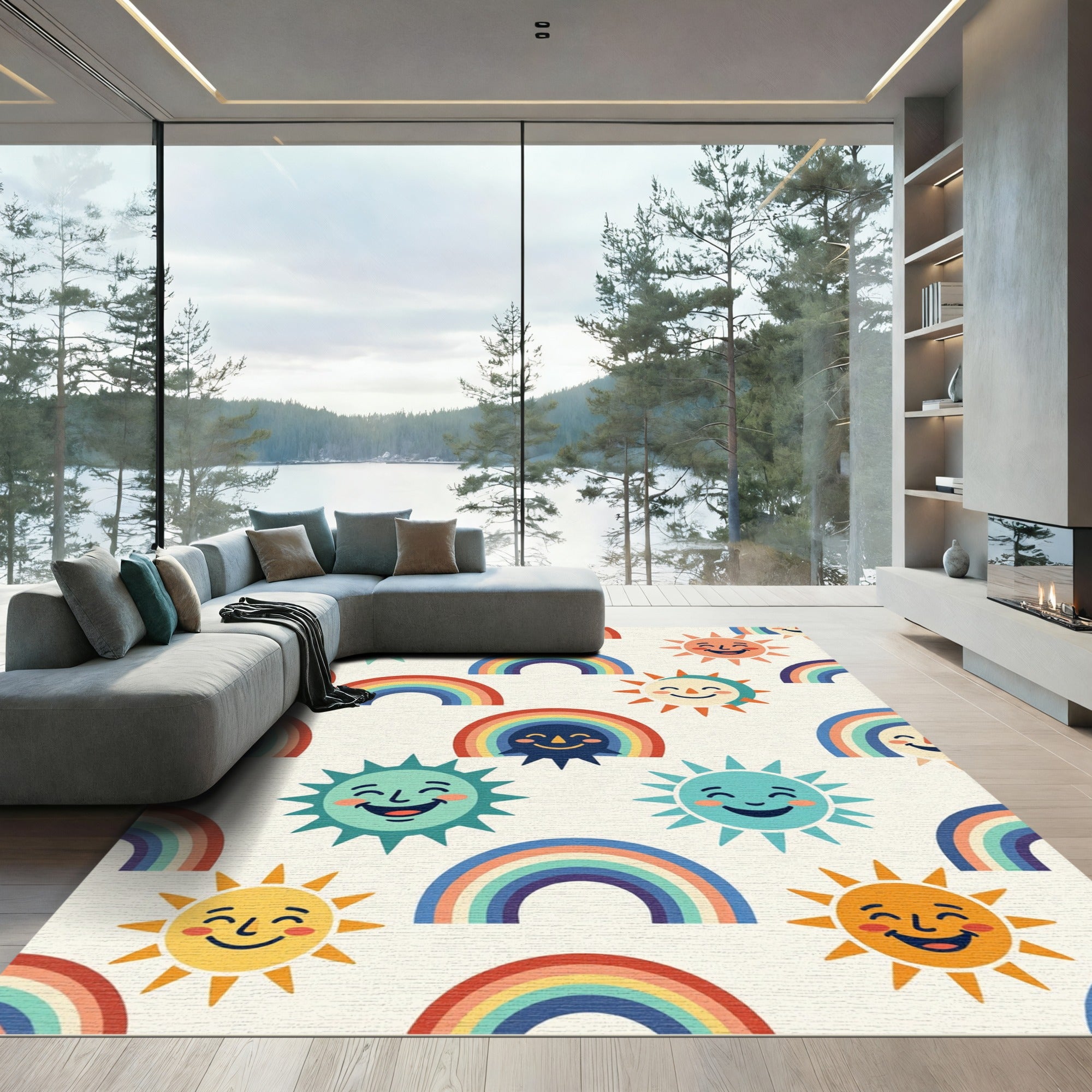 Whimsical Retro Sun Rainbow Nursery Illustration Rug