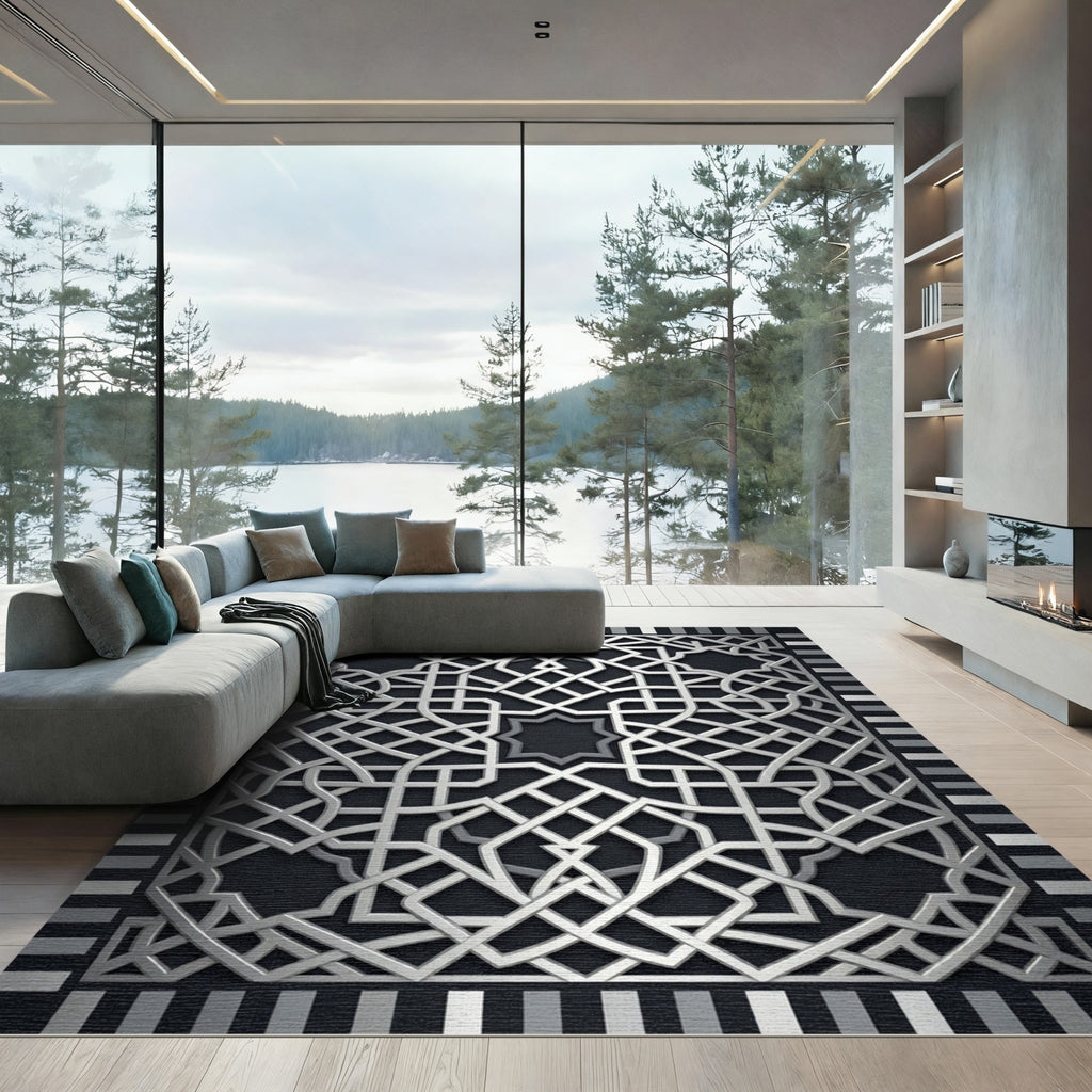 Silver Metallic Geometric Interlaced Lattice Rug