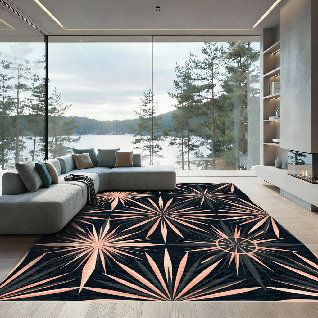 Black and Peach Radiant Starry Medallion Rug