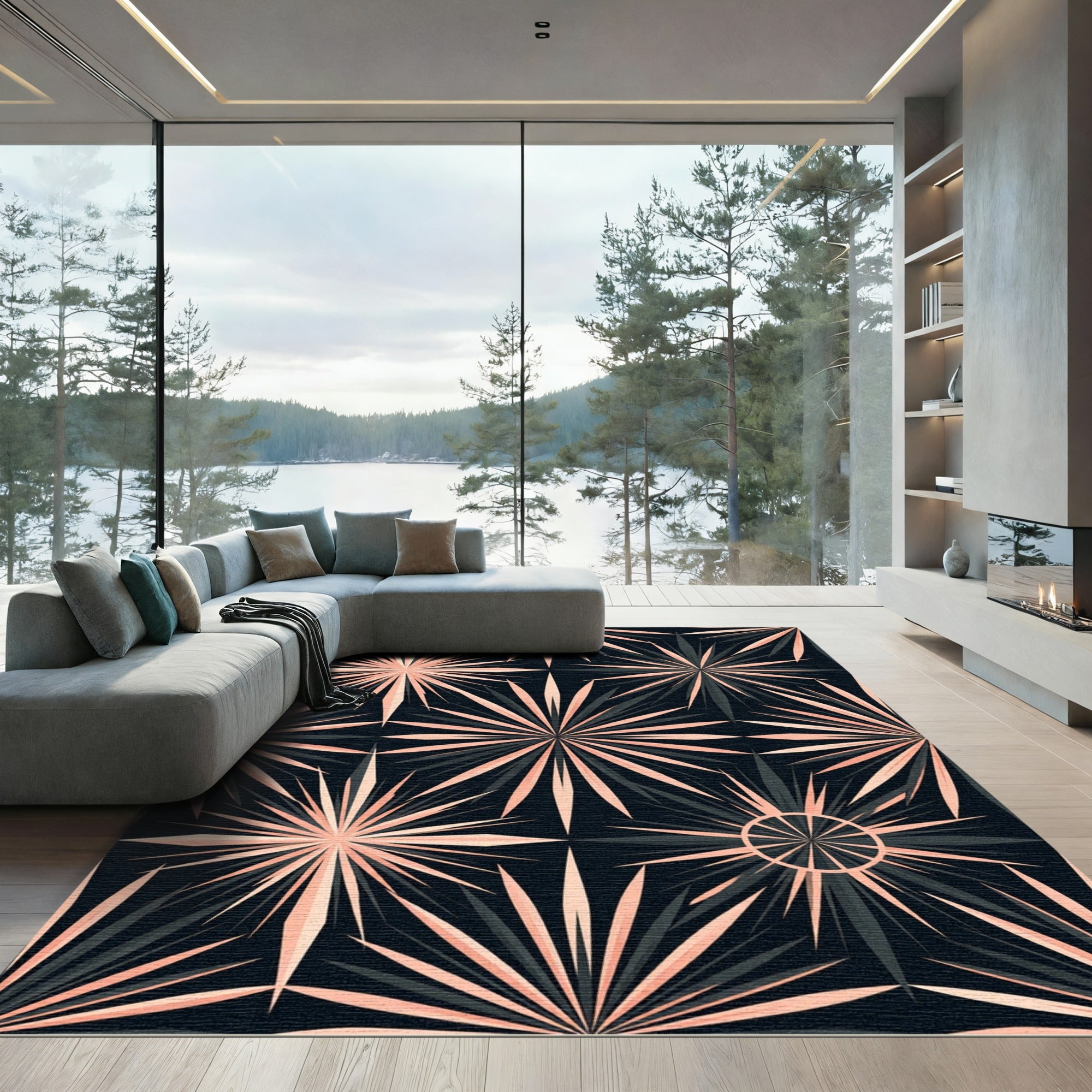 Black and Peach Radiant Starry Medallion Rug