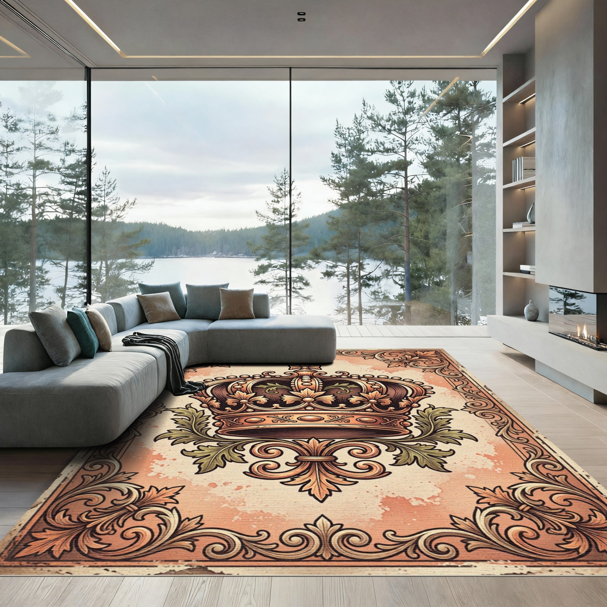 Elegant Golden Imperial Crown Filigree Rug