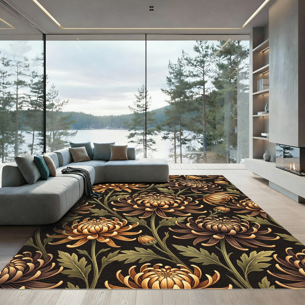 Golden Chrysanthemum Floral Black Botanical Rug