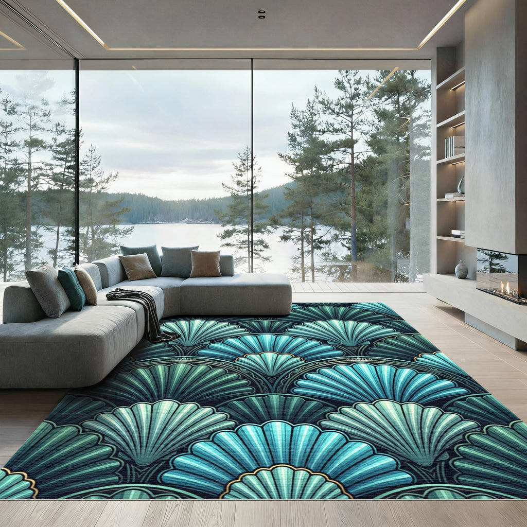 Teal Blue Scallop Fan Arrangement Rug