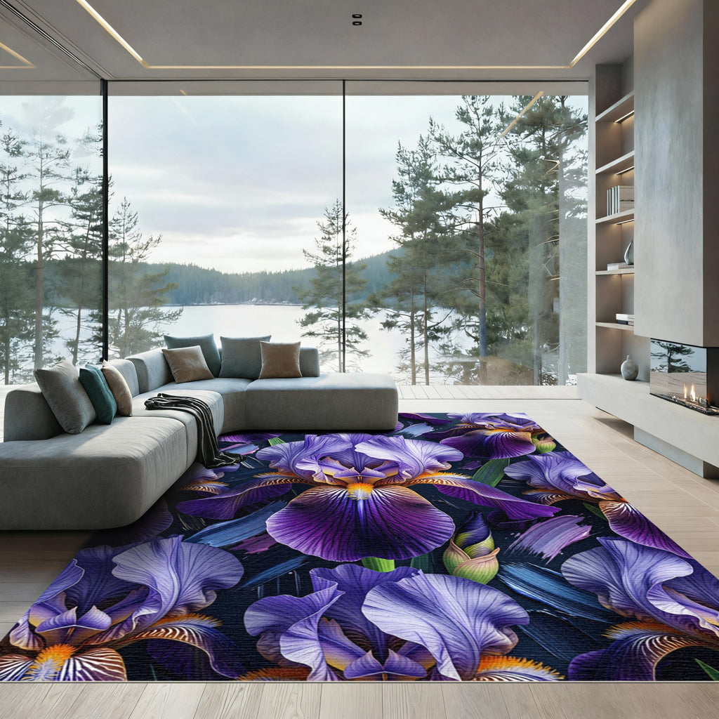 Vibrant Purple Iris Floral Painterly Painting Rug