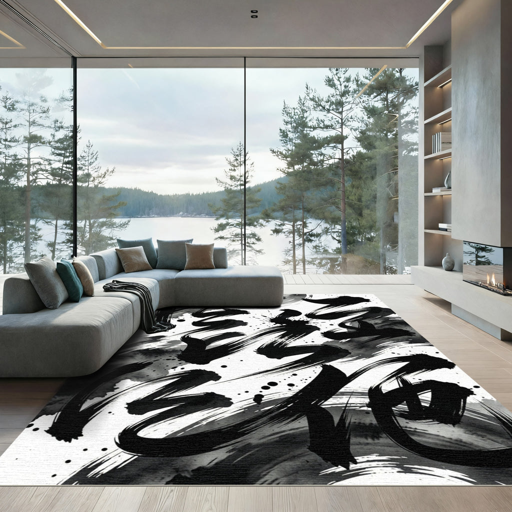 Bold Black Ink Wash Calligraphy Rug