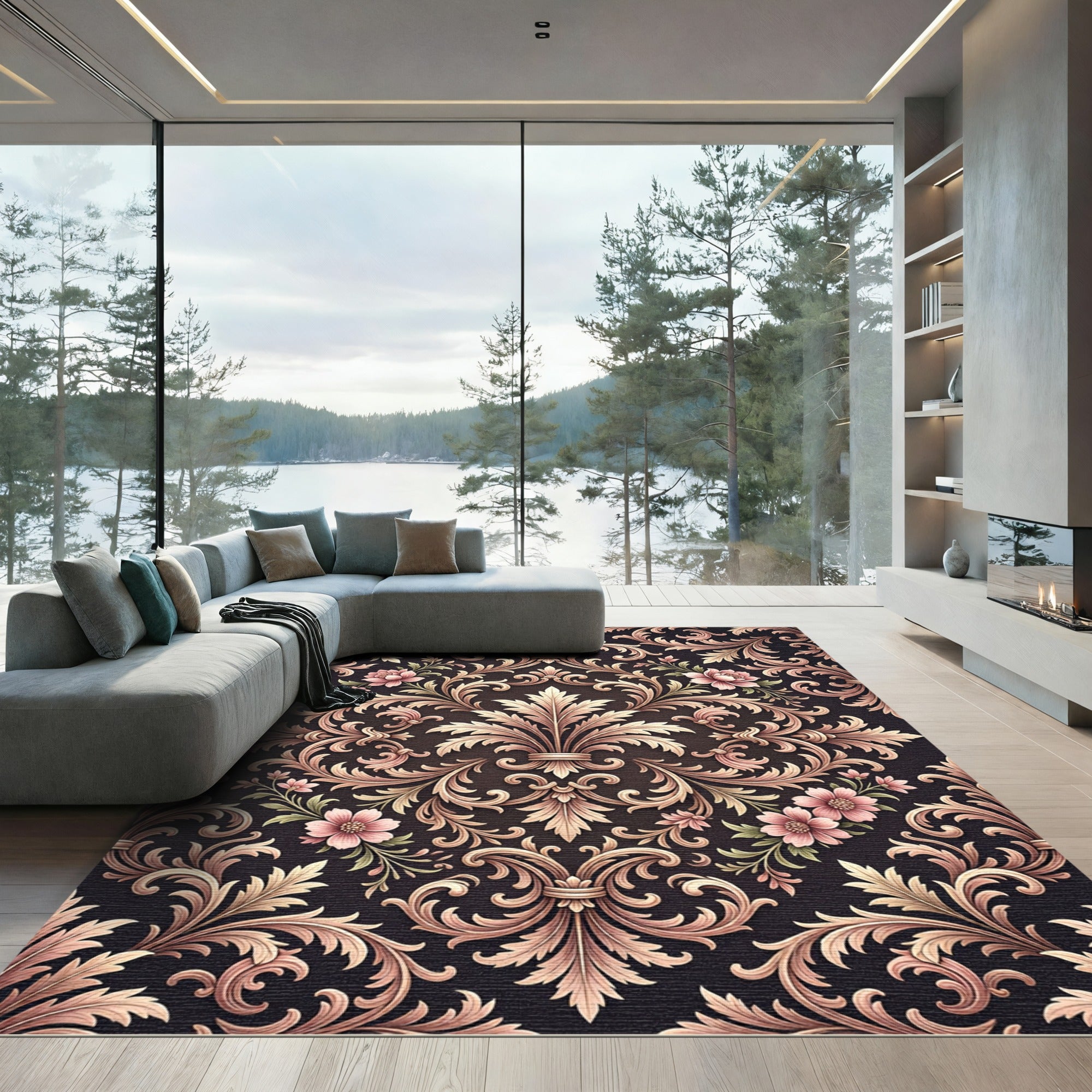 Elegant Blush Rose Damask Floral Filigree Rug