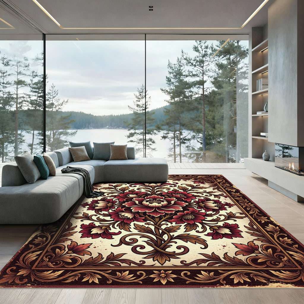 Ornate Crimson Floral Baroque Medallion Rug