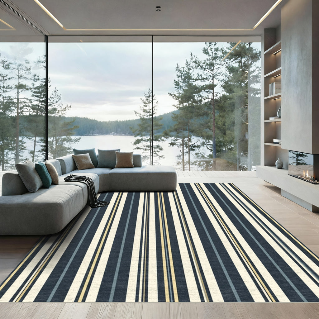 Classic Navy Cream Striped Vertical Rug