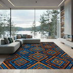 Vibrant Geometric Indigo and Amber Diamond Rug