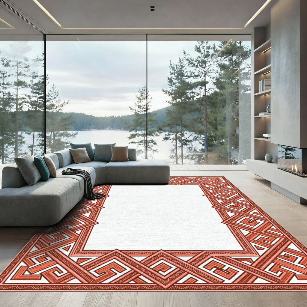 Coral Geometric Interlocking Maze Border Rug