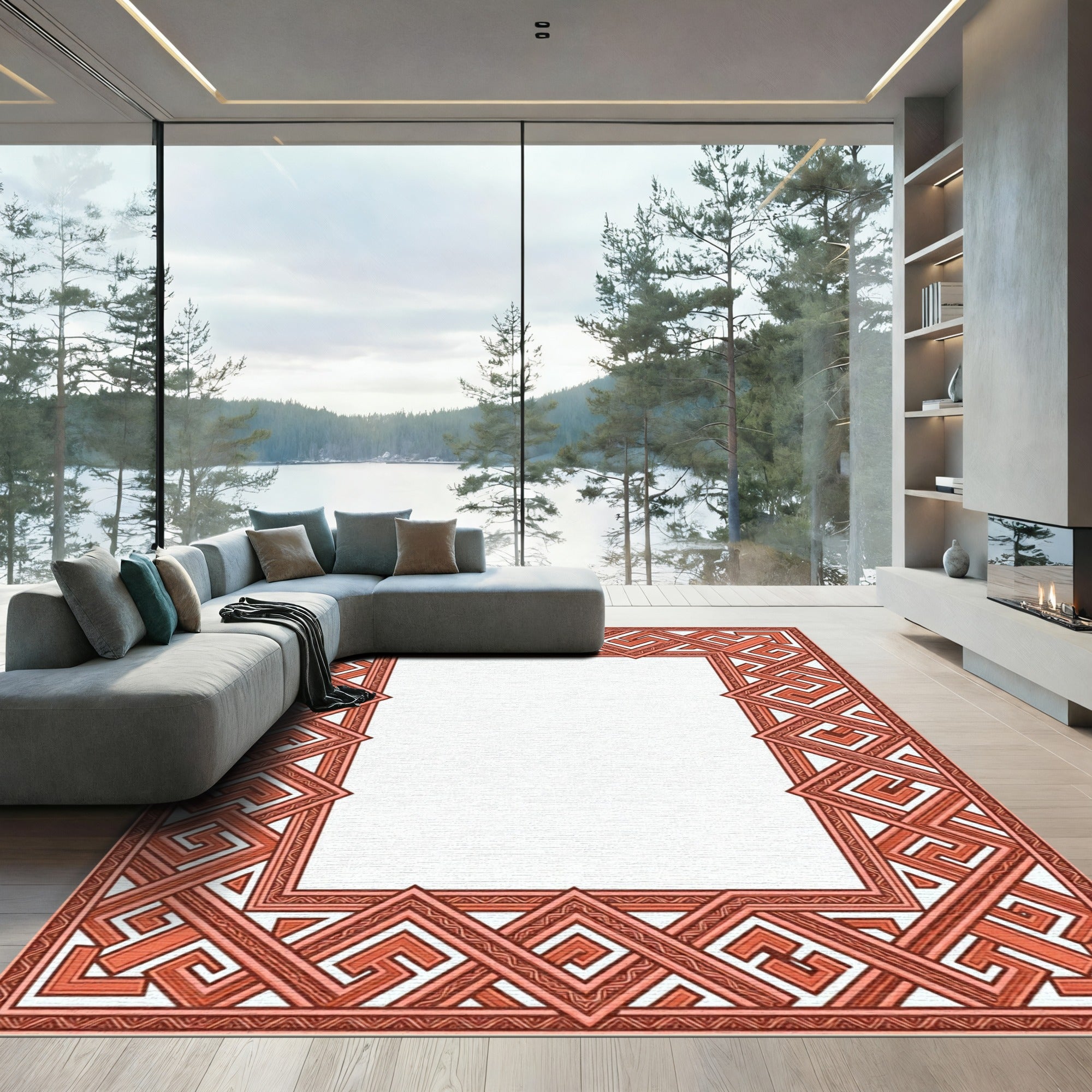 Coral Geometric Interlocking Maze Border Rug