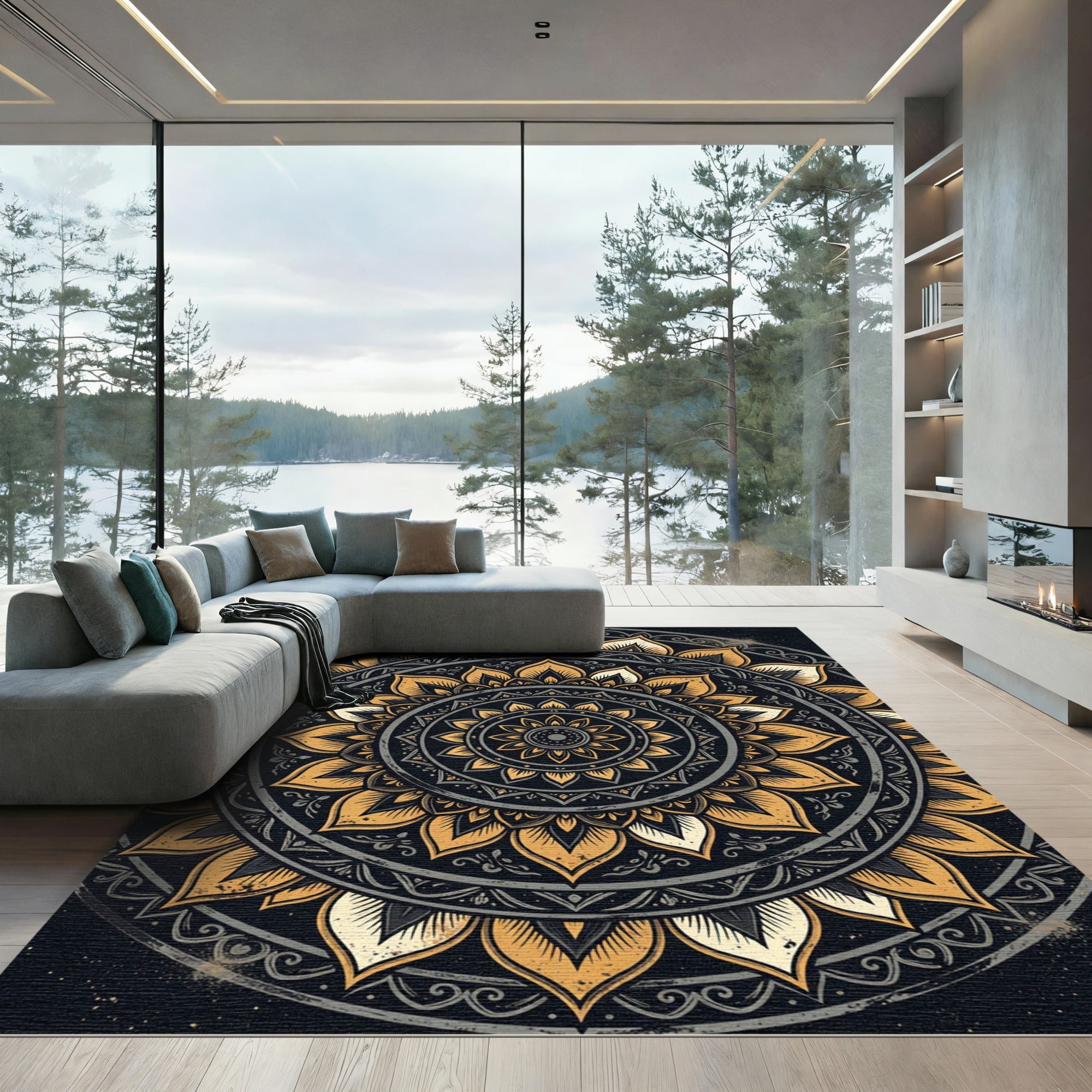 Golden Gilded Floral Medallion Circular Art Rug