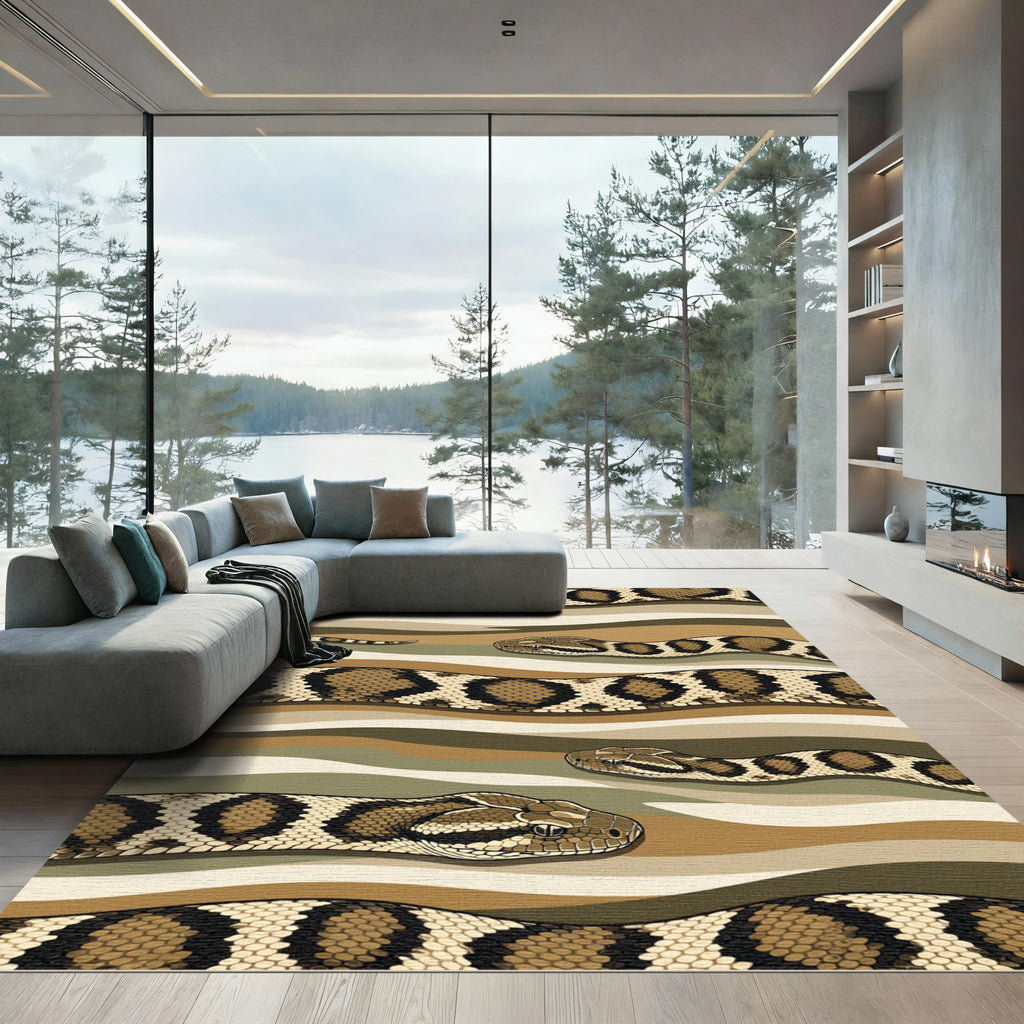 Slithering Reptilian Snakes on Wavy Earth Tones Rug