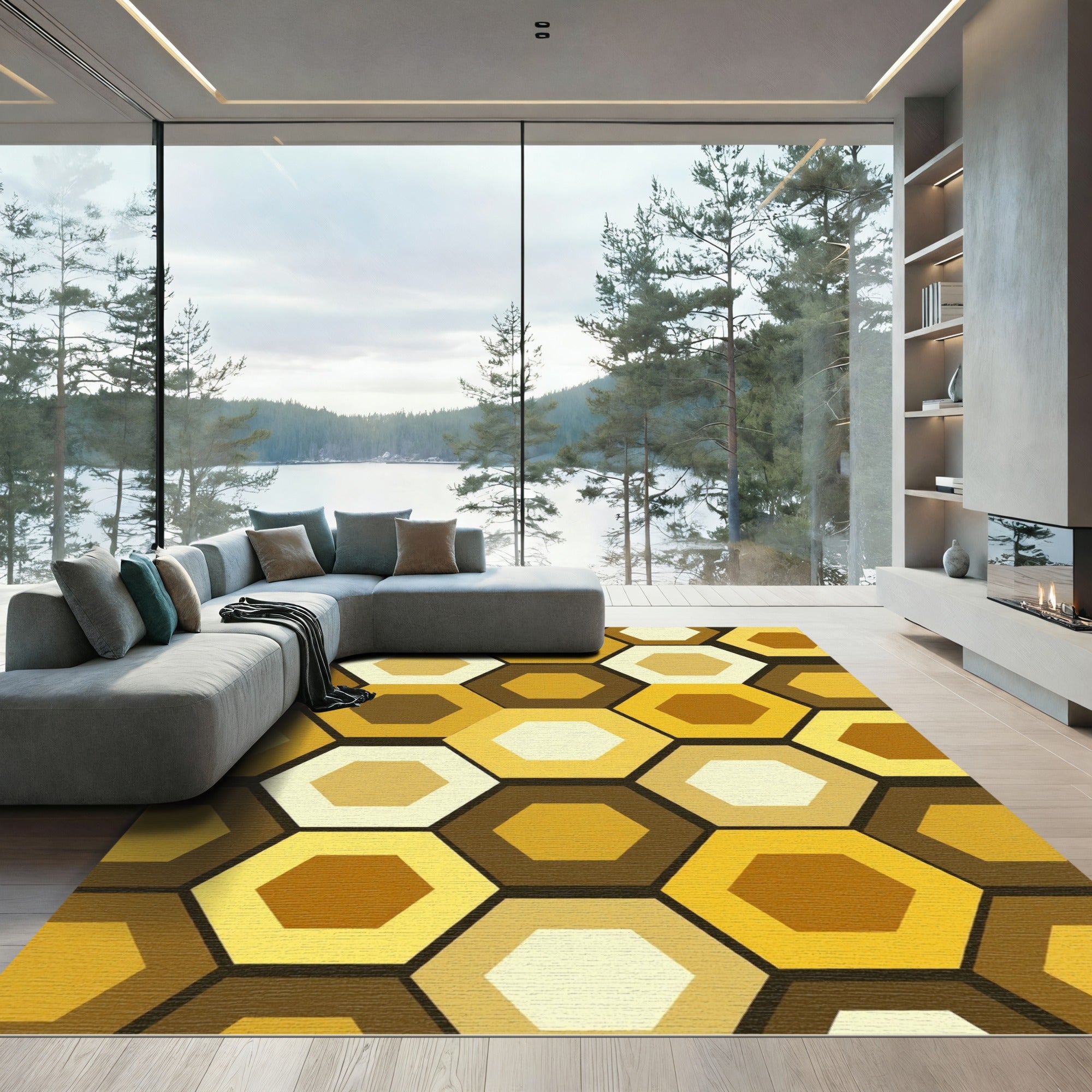 Retro Ochre Honeycomb Geometric Hexagon Rug