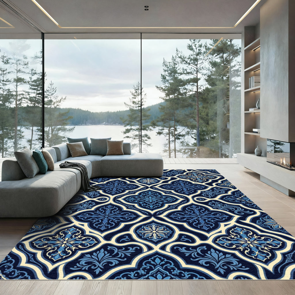Deep Blue Floral Arabesque Rug
