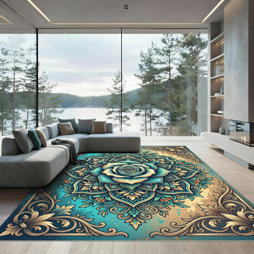 Teal Gold Floral Mandala Rose Rug
