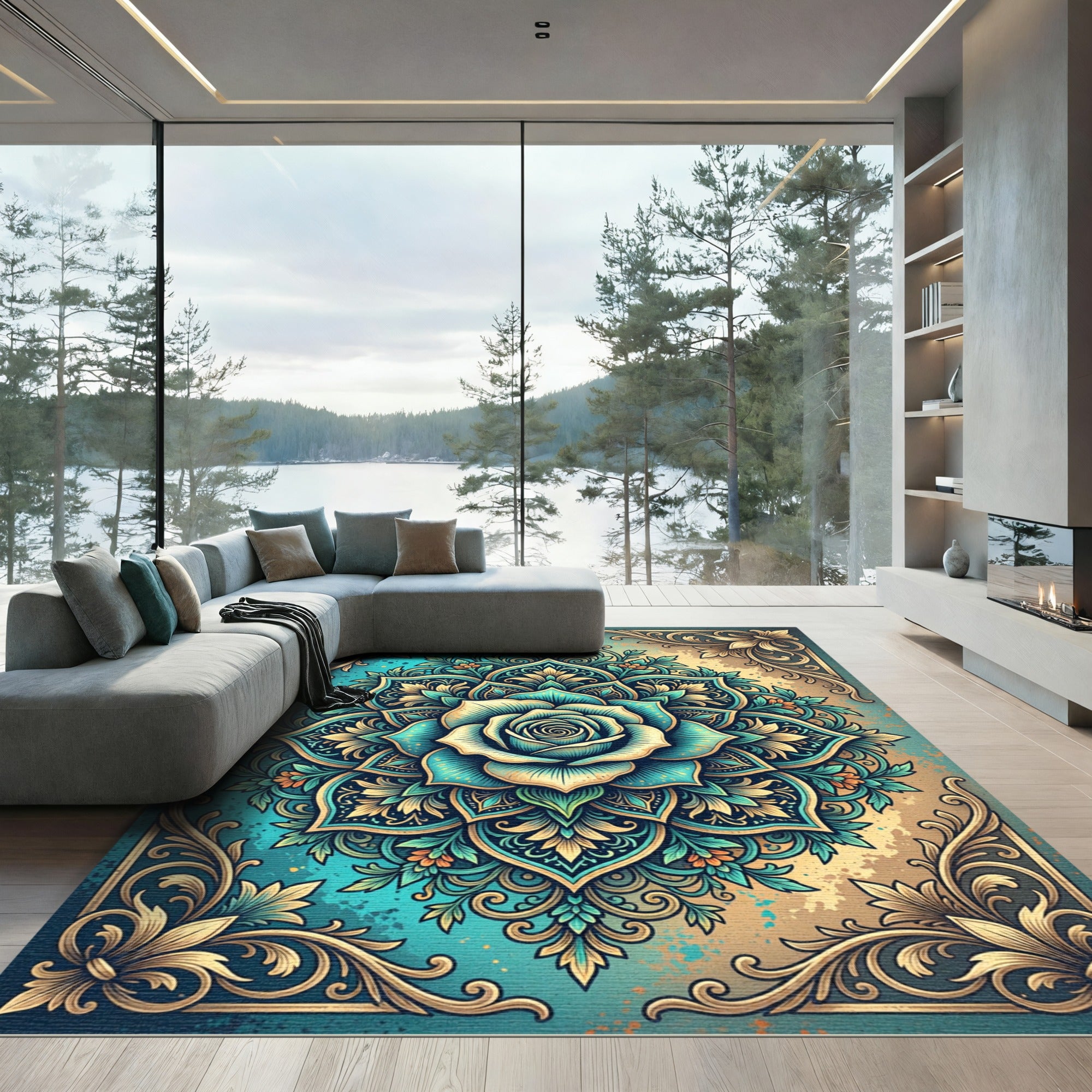Teal Gold Floral Mandala Rose Rug
