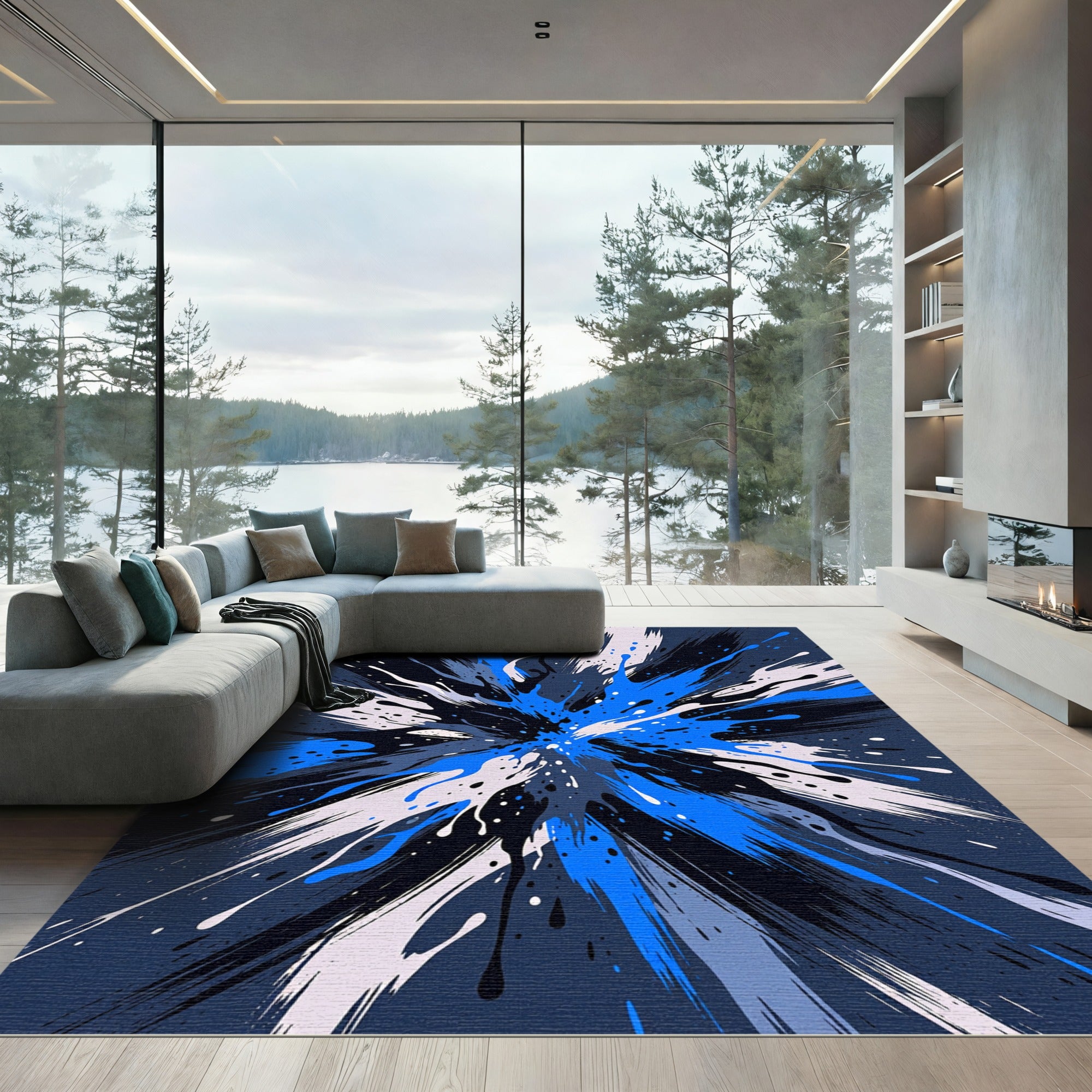 Cobalt Splash Explosion Abstract Rug