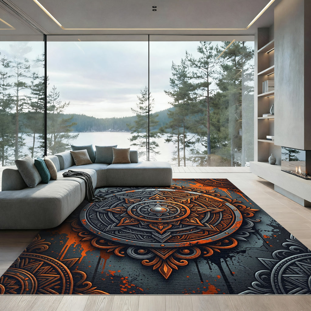 Orange Gray Mandala Sunburst Rug