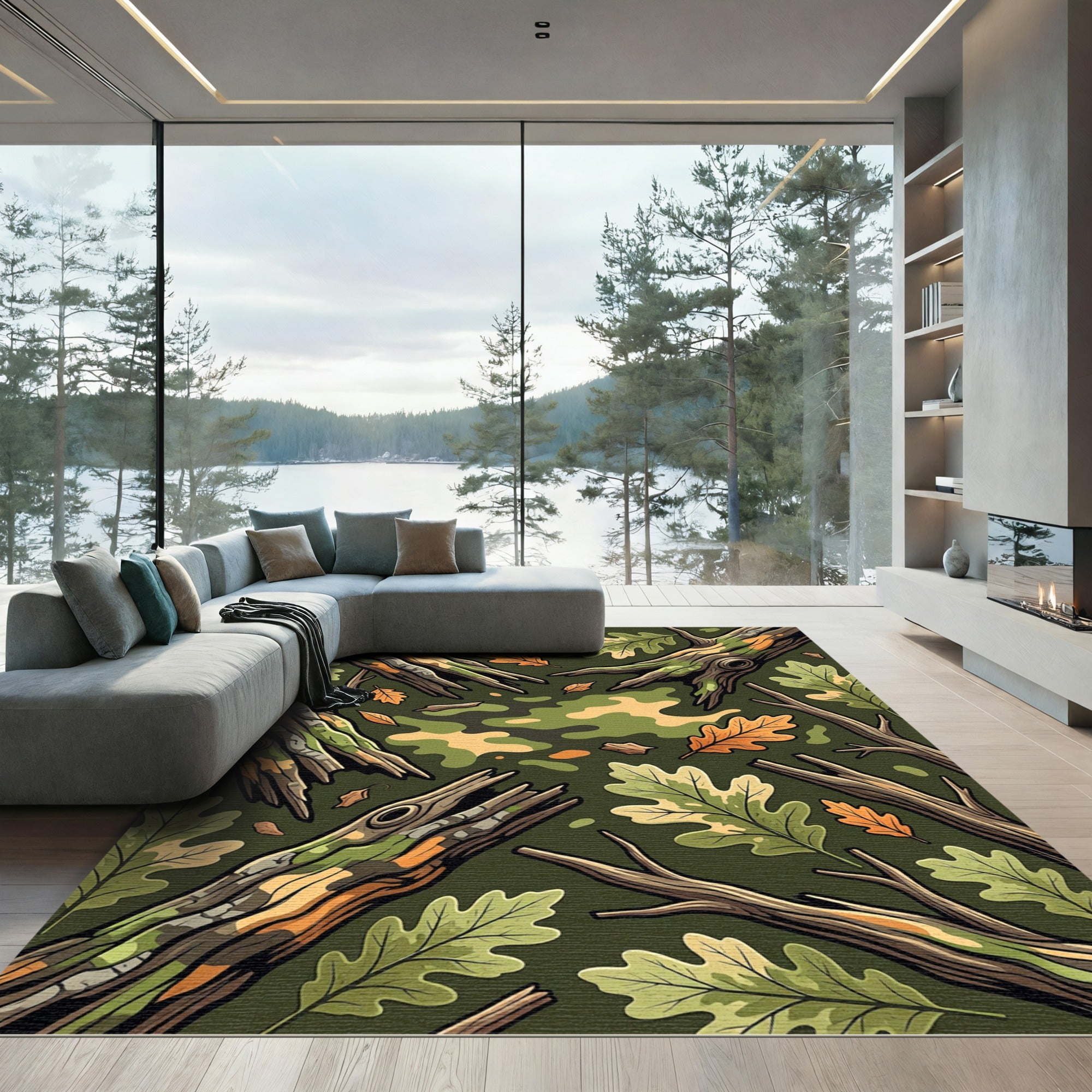 Earthy Forest Oak Branch Camo Rug