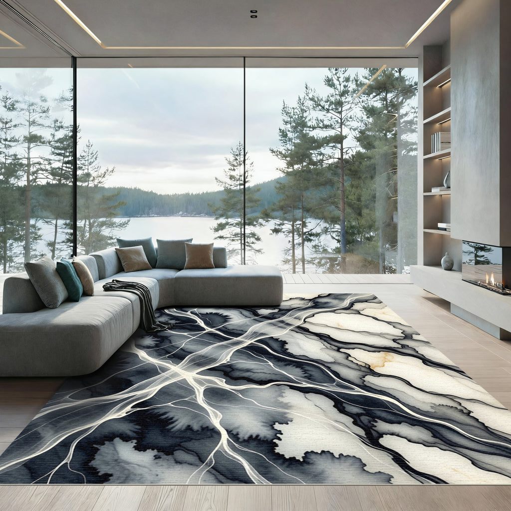 Monochrome Abstract Flowing Marble Ink Rug